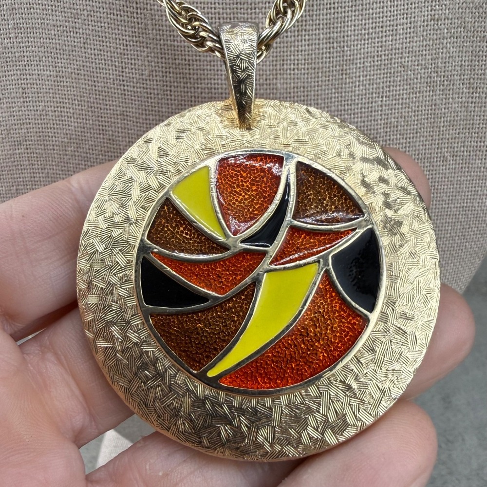 Vintage Estate Mirror Necklace Gold Tone Enamel Reversible 32"